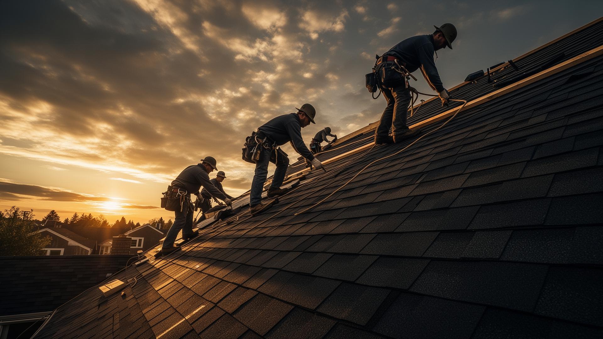 Roofing crew installing architectural shingles at sunset