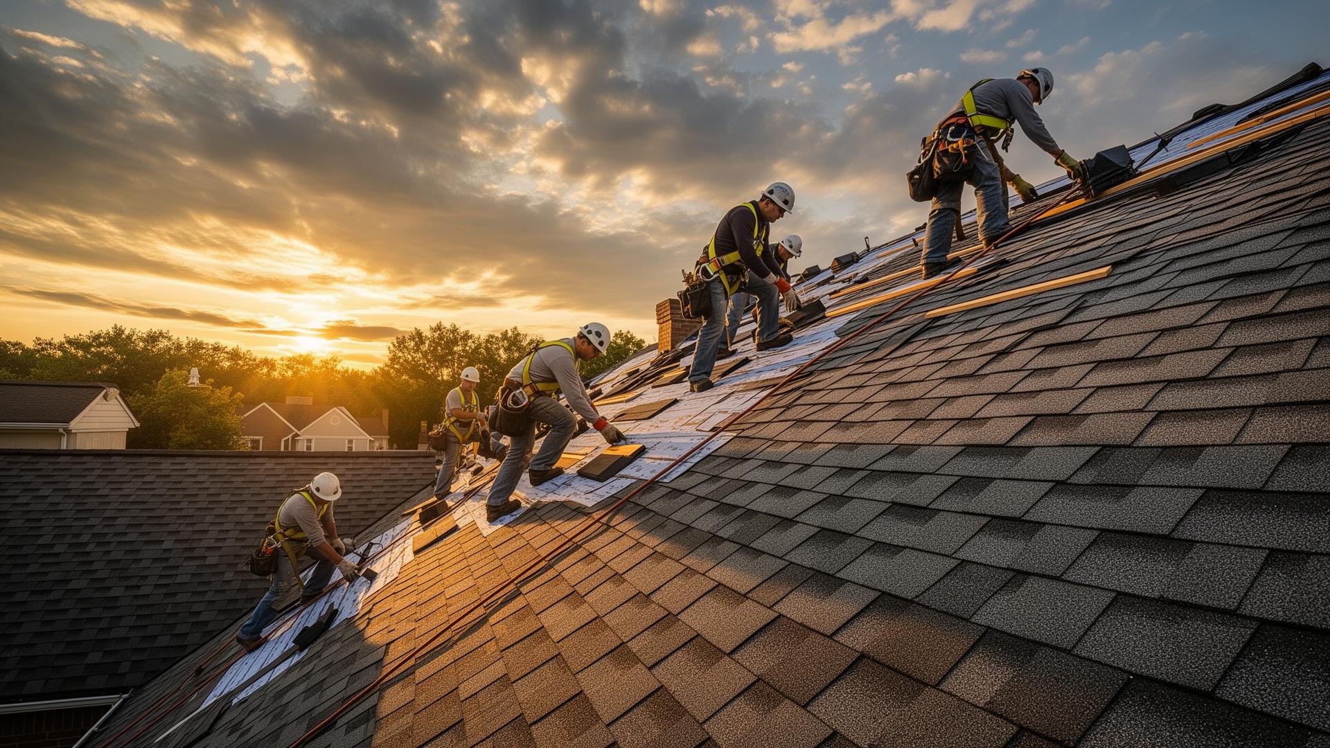 Roofing crew installing architectural shingles at sunset